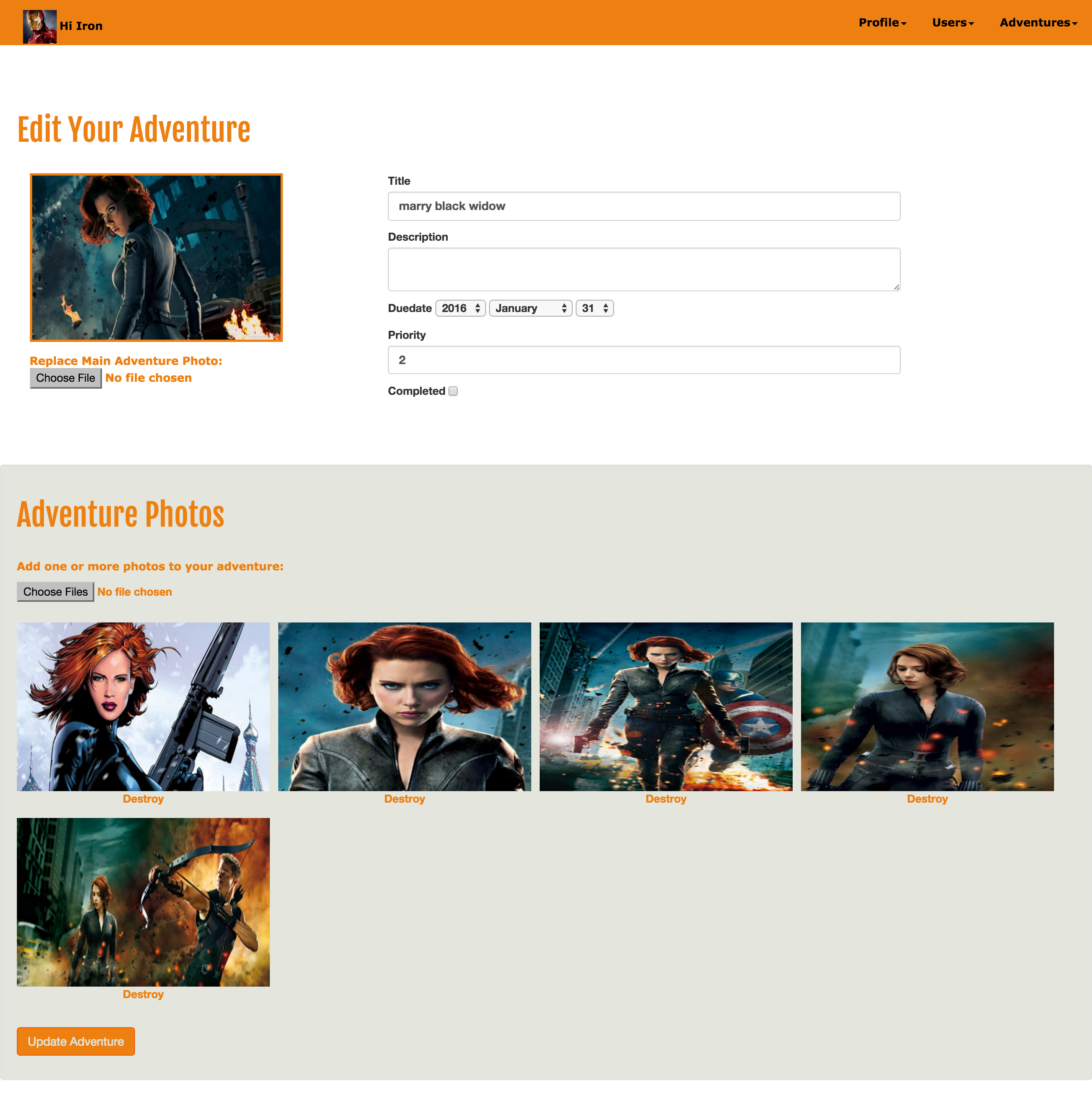 Jenny Pletner's Bucket List App Edit Adventure Page